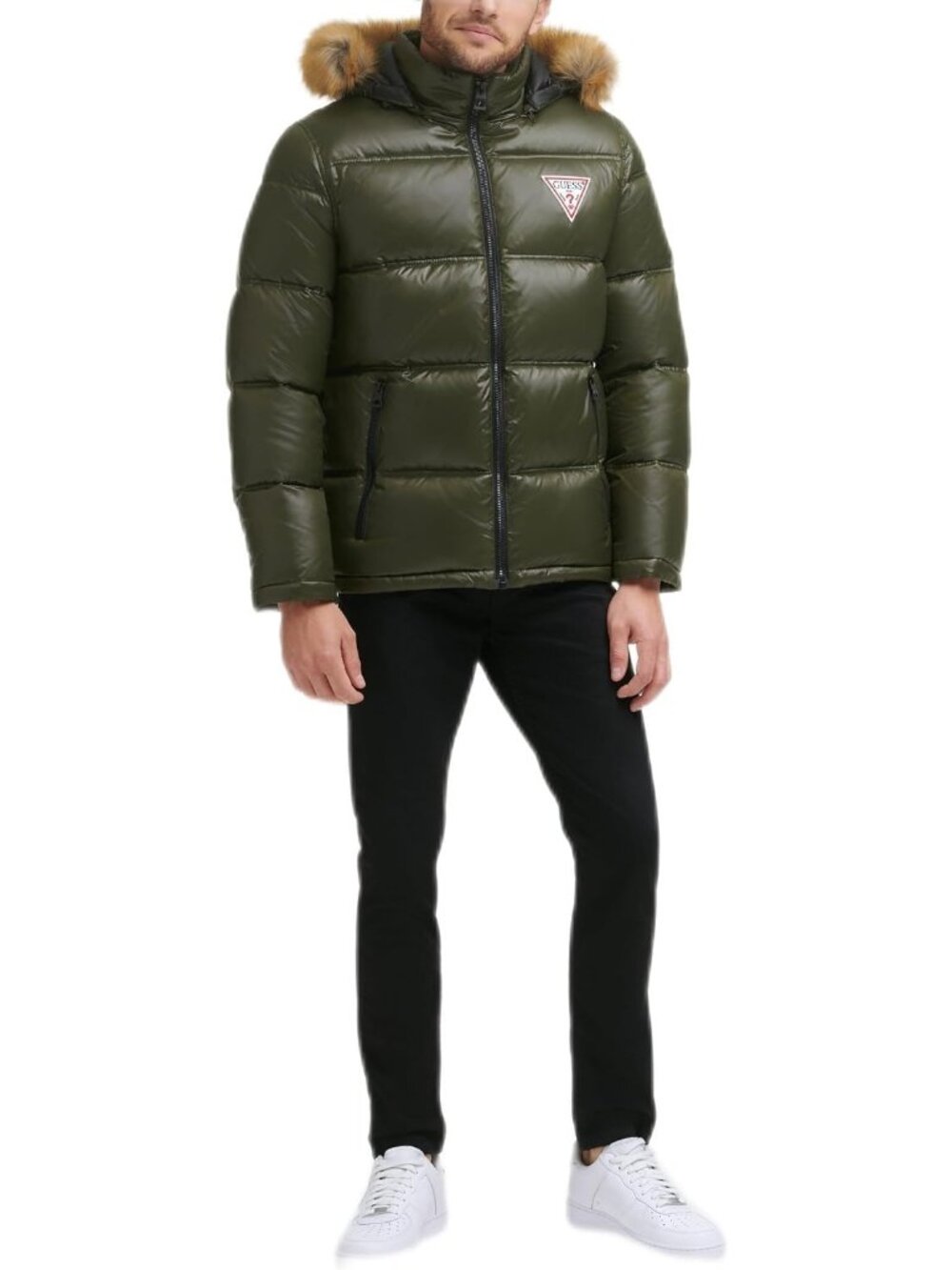 Guess Men's Army Green Hooded Collar Imported Warm Rain Resistant Puffer Jackets